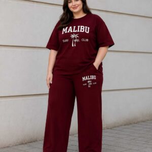 Büyük Beden Malibu Baskılı İkili Takım Kadın Oversize Tişört Bol Paça Pantolon Bordo Rahat Günlük Eşofman Takımı