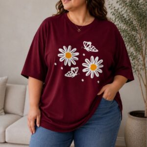 Kadın Büyük Beden Oversize Papatya ve Kelebek Baskılı Tişört Rahat Kalıp Günlük Kullanım Bordo XL 2XL 3XL 4XL 5XL 6XL 7XL 8XL 9XL