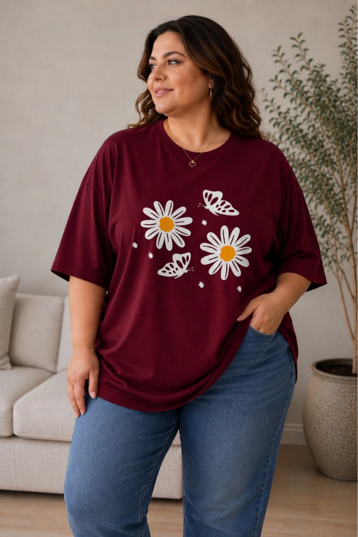 Kadın Büyük Beden Oversize Papatya ve Kelebek Baskılı Tişört Rahat Kalıp Günlük Kullanım Bordo XL 2XL 3XL 4XL 5XL 6XL 7XL 8XL 9XL
