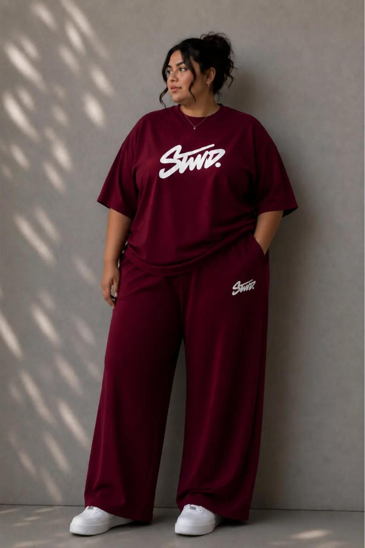 Kadın Büyük Beden Oversize Baskılı 2'li Eşofman Takımı Rahat Pamuklu Kalıp Günlük Streetwear Bordo XL 2XL 3XL 4XL 5XL 6XL 7XL 8XL 9XL