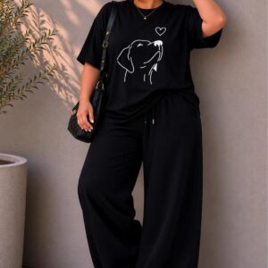Kadın Büyük Beden Oversize Köpek Baskılı 2'li Eşofman Takımı Rahat Pamuklu Kalıp Günlük Streetwear Bordo XL 2XL 3XL 4XL 5XL 6XL 7XL 8XL 9XL