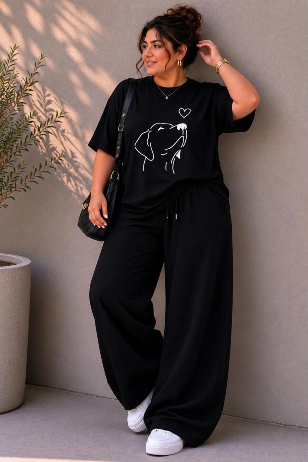 Kadın Büyük Beden Oversize Köpek Baskılı 2'li Eşofman Takımı Rahat Pamuklu Kalıp Günlük Streetwear Bordo XL 2XL 3XL 4XL 5XL 6XL 7XL 8XL 9XL