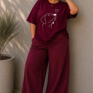 Kadın Büyük Beden Oversize Köpek Baskılı 2'li Eşofman Takımı Rahat Pamuklu Kalıp Günlük Streetwear Bordo XL 2XL 3XL 4XL 5XL 6XL 7XL 8XL 9XL