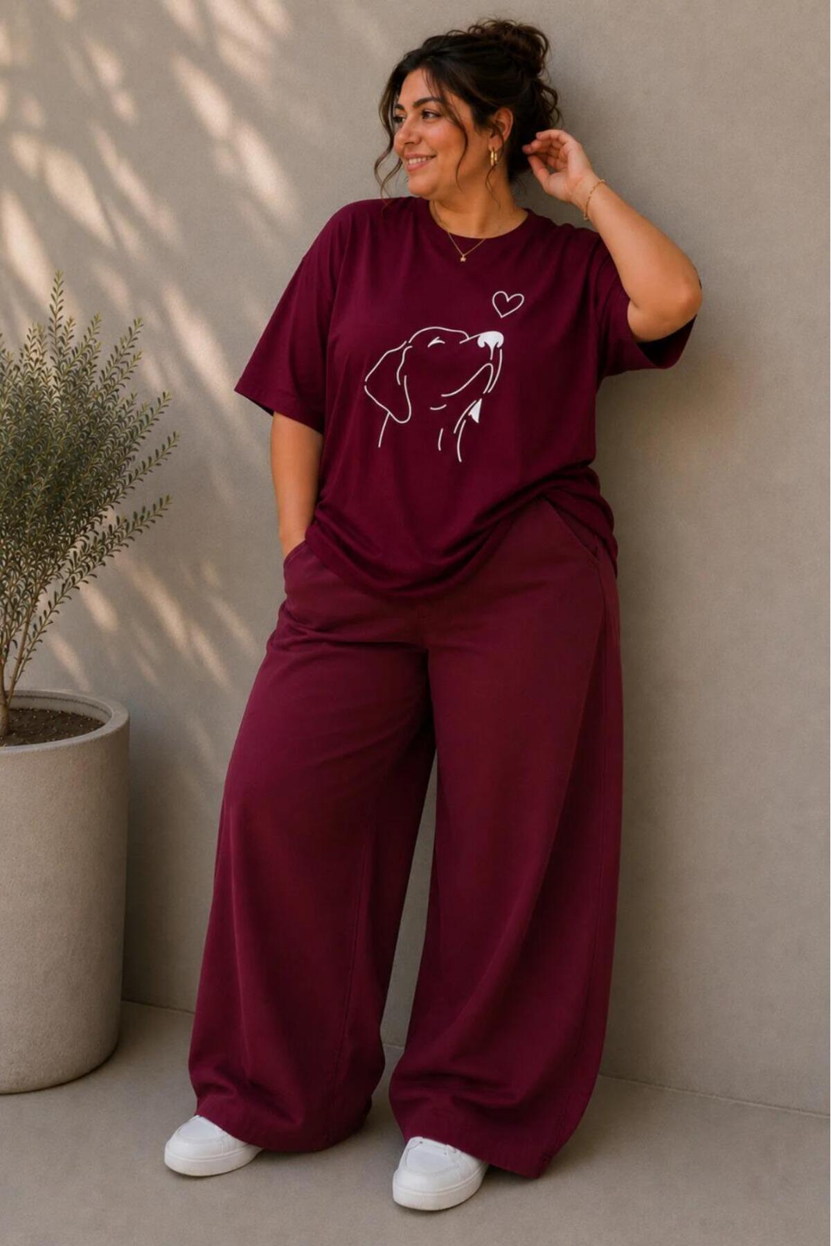 Kadın Büyük Beden Oversize Köpek Baskılı 2'li Eşofman Takımı Rahat Pamuklu Kalıp Günlük Streetwear Bordo XL 2XL 3XL 4XL 5XL 6XL 7XL 8XL 9XL