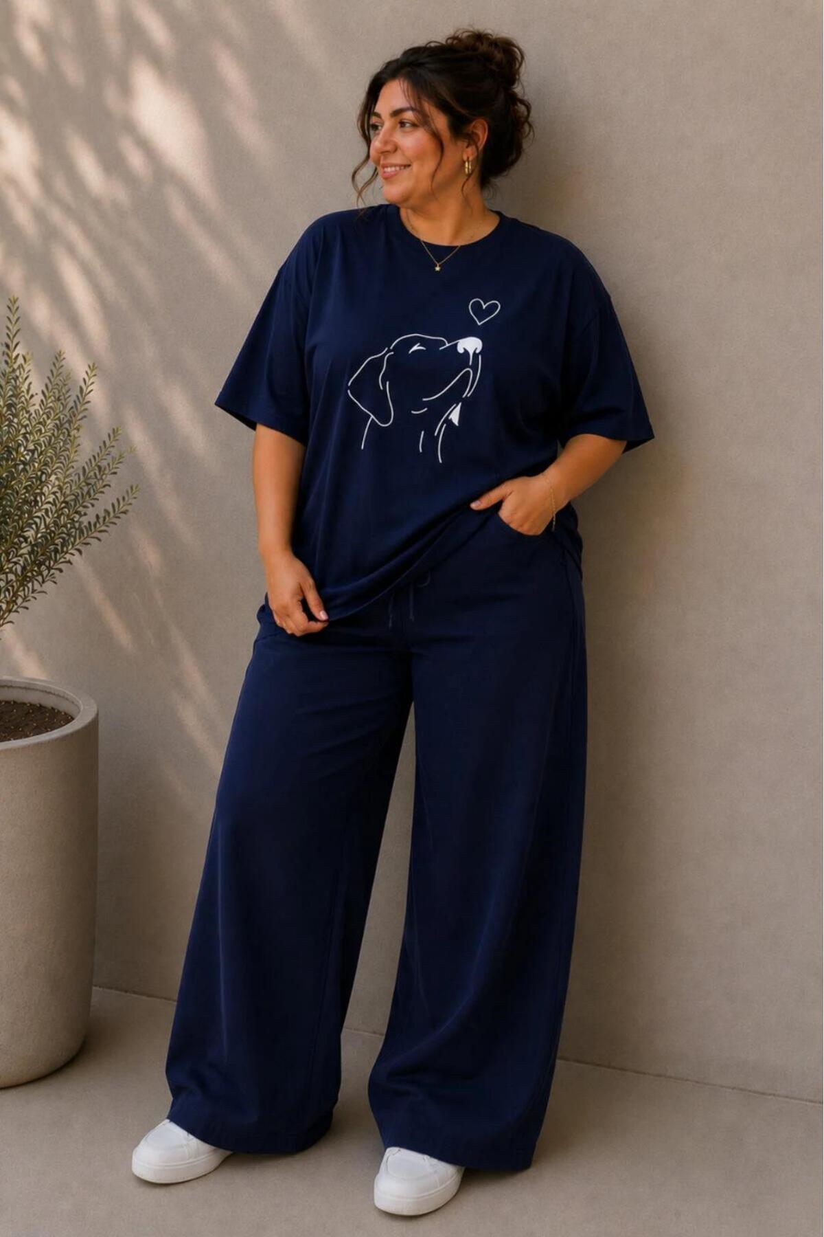 Kadın Büyük Beden Oversize Köpek Baskılı 2'li Eşofman Takımı Rahat Pamuklu Kalıp Günlük Streetwear Bordo XL 2XL 3XL 4XL 5XL 6XL 7XL 8XL 9XL