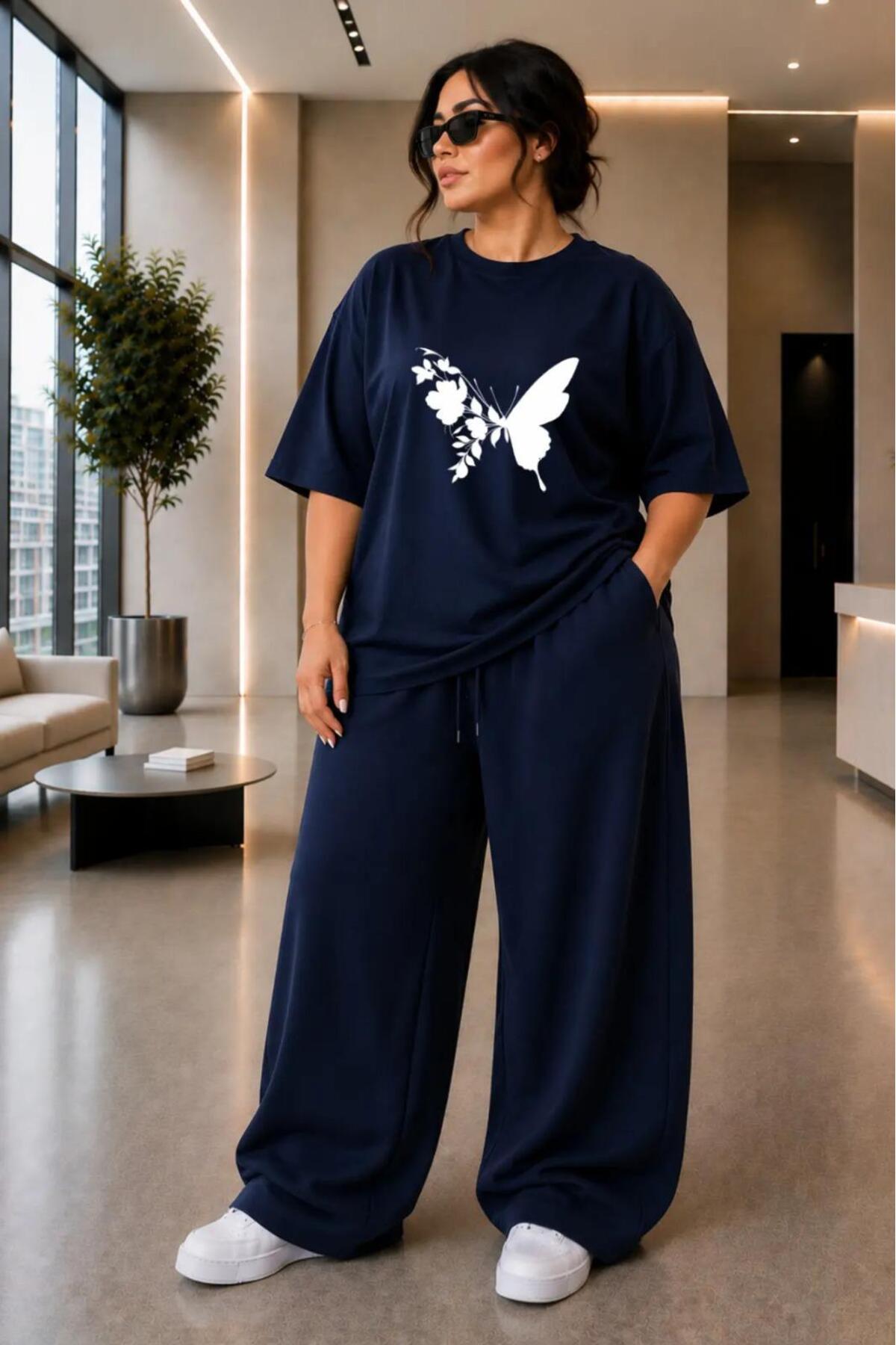 Kadın Büyük Beden Oversize Kelebek Baskılı 2'li Eşofman Takımı Rahat Pamuklu Kalıp Günlük Streetwear Bordo XL 2XL 3XL 4XL 5XL 6XL 7XL 8XL 9XL