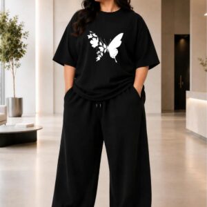 Kadın Büyük Beden Oversize Kelebek Baskılı 2'li Eşofman Takımı Rahat Pamuklu Kalıp Günlük Streetwear Bordo XL 2XL 3XL 4XL 5XL 6XL 7XL 8XL 9XL