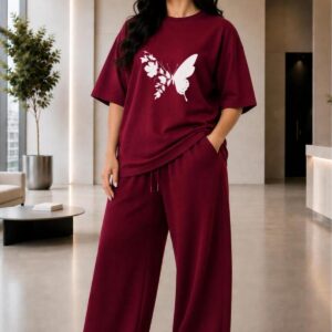 Kadın Büyük Beden Oversize Kelebek Baskılı 2'li Eşofman Takımı Rahat Pamuklu Kalıp Günlük Streetwear Bordo XL 2XL 3XL 4XL 5XL 6XL 7XL 8XL 9XL