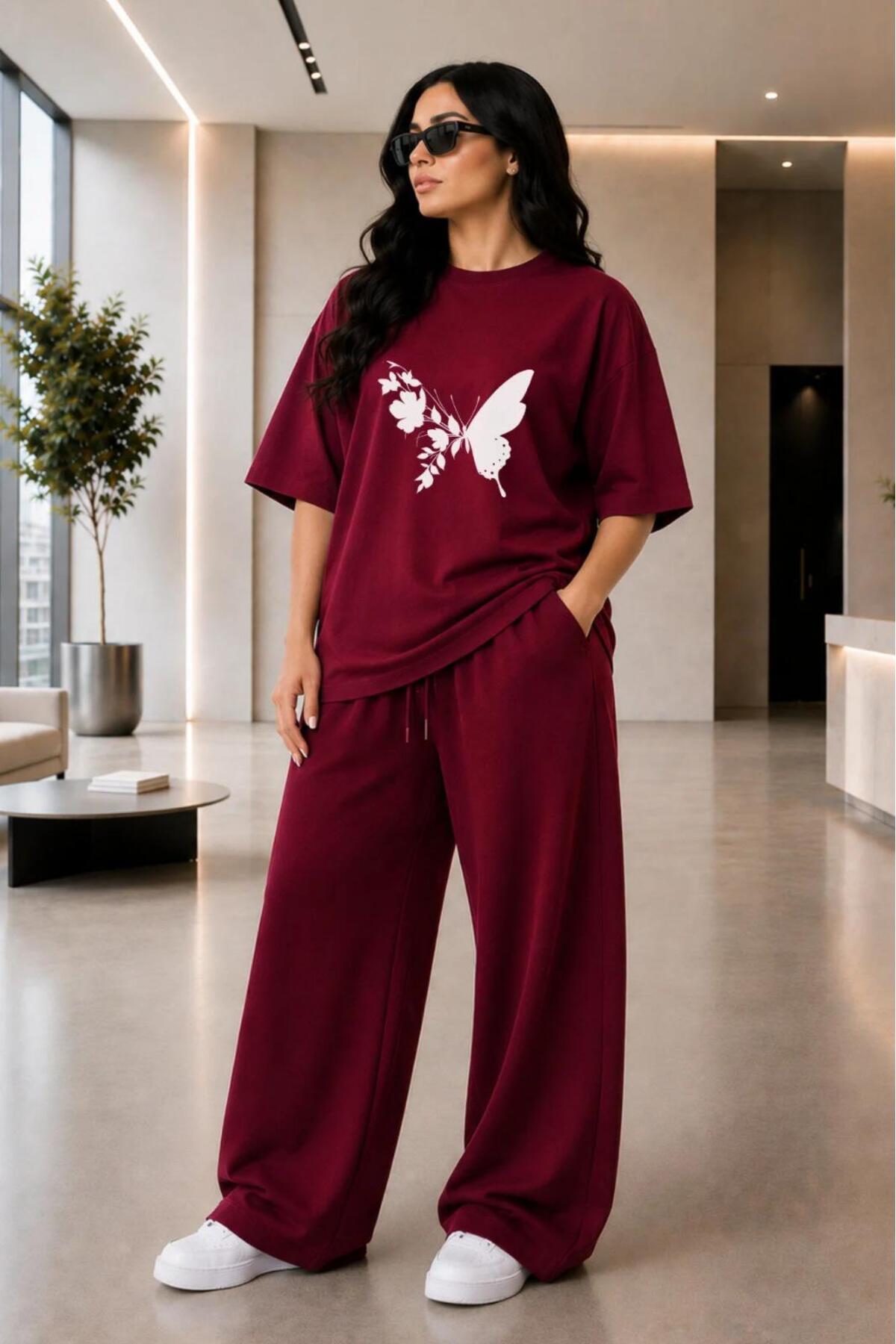 Kadın Büyük Beden Oversize Kelebek Baskılı 2'li Eşofman Takımı Rahat Pamuklu Kalıp Günlük Streetwear Bordo XL 2XL 3XL 4XL 5XL 6XL 7XL 8XL 9XL