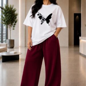 Kadın Büyük Beden Oversize Kelebek Baskılı 2'li Eşofman Takımı Rahat Pamuklu Kalıp Günlük Streetwear Bordo XL 2XL 3XL 4XL 5XL 6XL 7XL 8XL 9XL