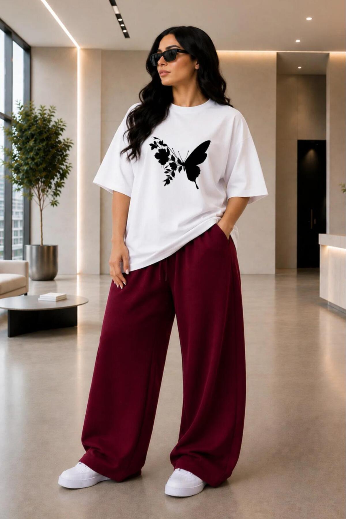 Kadın Büyük Beden Oversize Kelebek Baskılı 2'li Eşofman Takımı Rahat Pamuklu Kalıp Günlük Streetwear Bordo XL 2XL 3XL 4XL 5XL 6XL 7XL 8XL 9XL