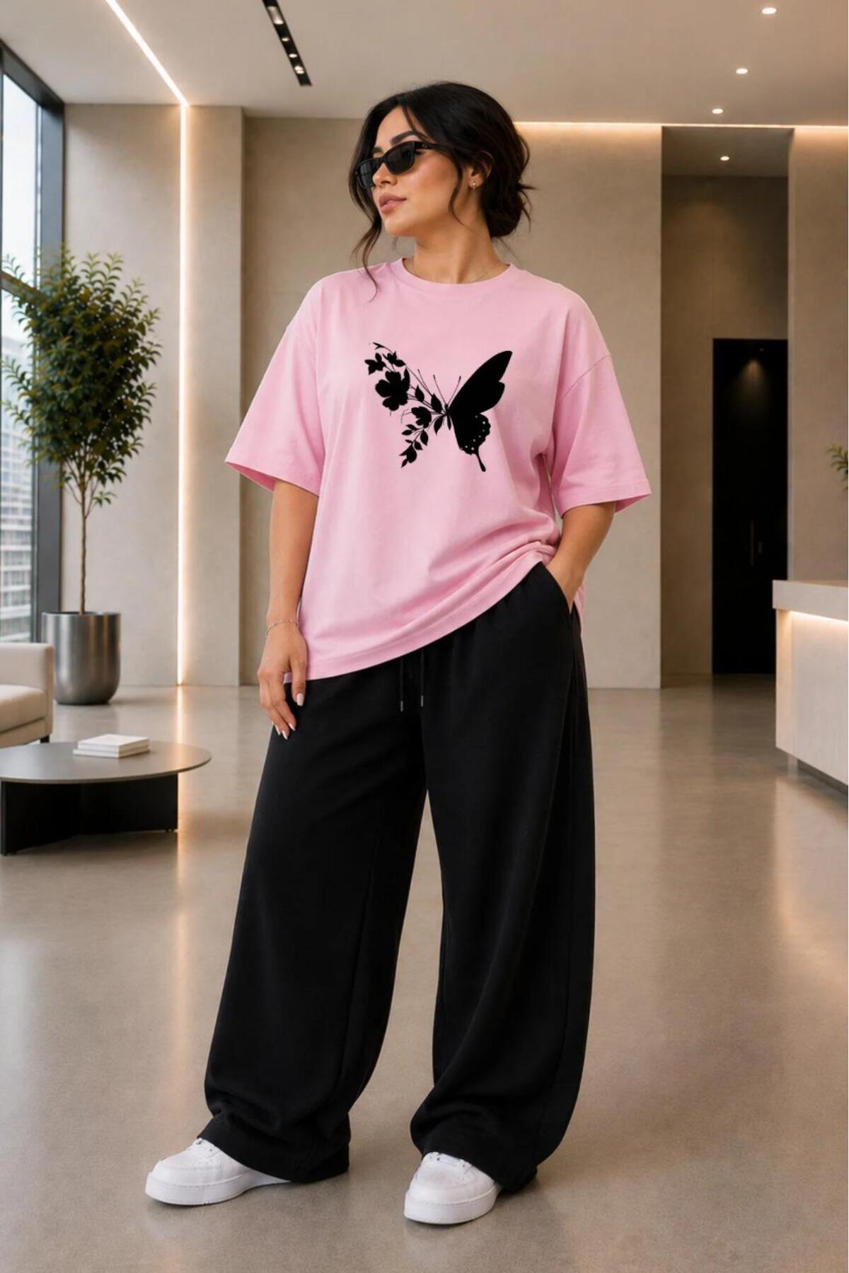Kadın Büyük Beden Oversize Kelebek Baskılı 2'li Eşofman Takımı Rahat Pamuklu Kalıp Günlük Streetwear Bordo XL 2XL 3XL 4XL 5XL 6XL 7XL 8XL 9XL
