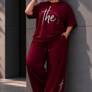 Kadın Büyük Beden Oversize Baskılı 2'li Eşofman Takımı Rahat Pamuklu Kalıp Günlük Streetwear Bordo XL 2XL 3XL 4XL 5XL 6XL 7XL 8XL 9XL