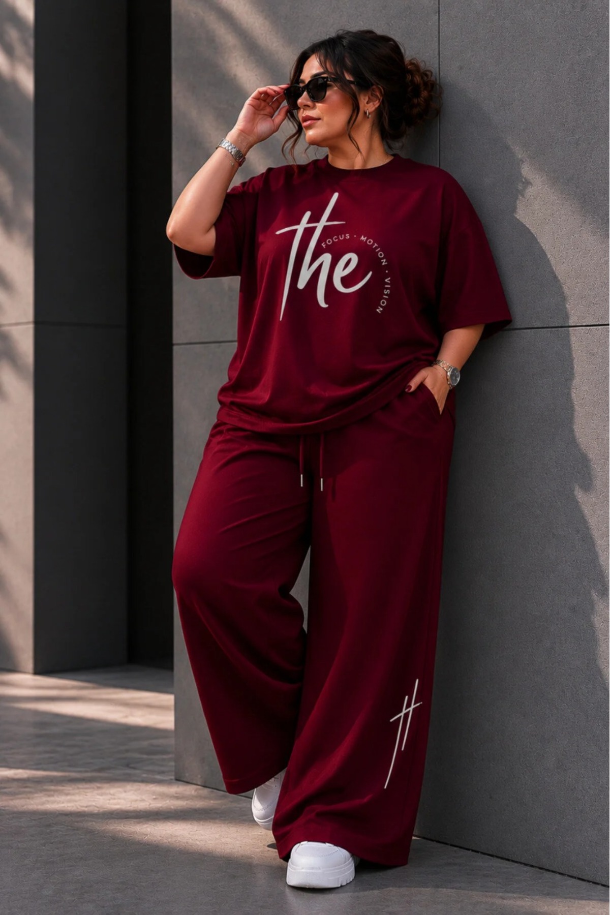 Kadın Büyük Beden Oversize Baskılı 2'li Eşofman Takımı Rahat Pamuklu Kalıp Günlük Streetwear Bordo XL 2XL 3XL 4XL 5XL 6XL 7XL 8XL 9XL