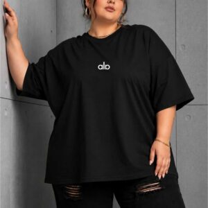 Kadın Oversize Basic Minimal Logo Baskılı Tişört Bisiklet Yaka Salaş Günlük Pamuklu Tişört – Siyah, Beyaz, Kahverengi L XL 2XL 3XL 4XL 5XL 6XL 7XL 8XL 9XL