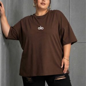 Kadın Oversize Basic Minimal Logo Baskılı Tişört Bisiklet Yaka Salaş Günlük Pamuklu Tişört – Siyah, Beyaz, Kahverengi L XL 2XL 3XL 4XL 5XL 6XL 7XL 8XL 9XL
