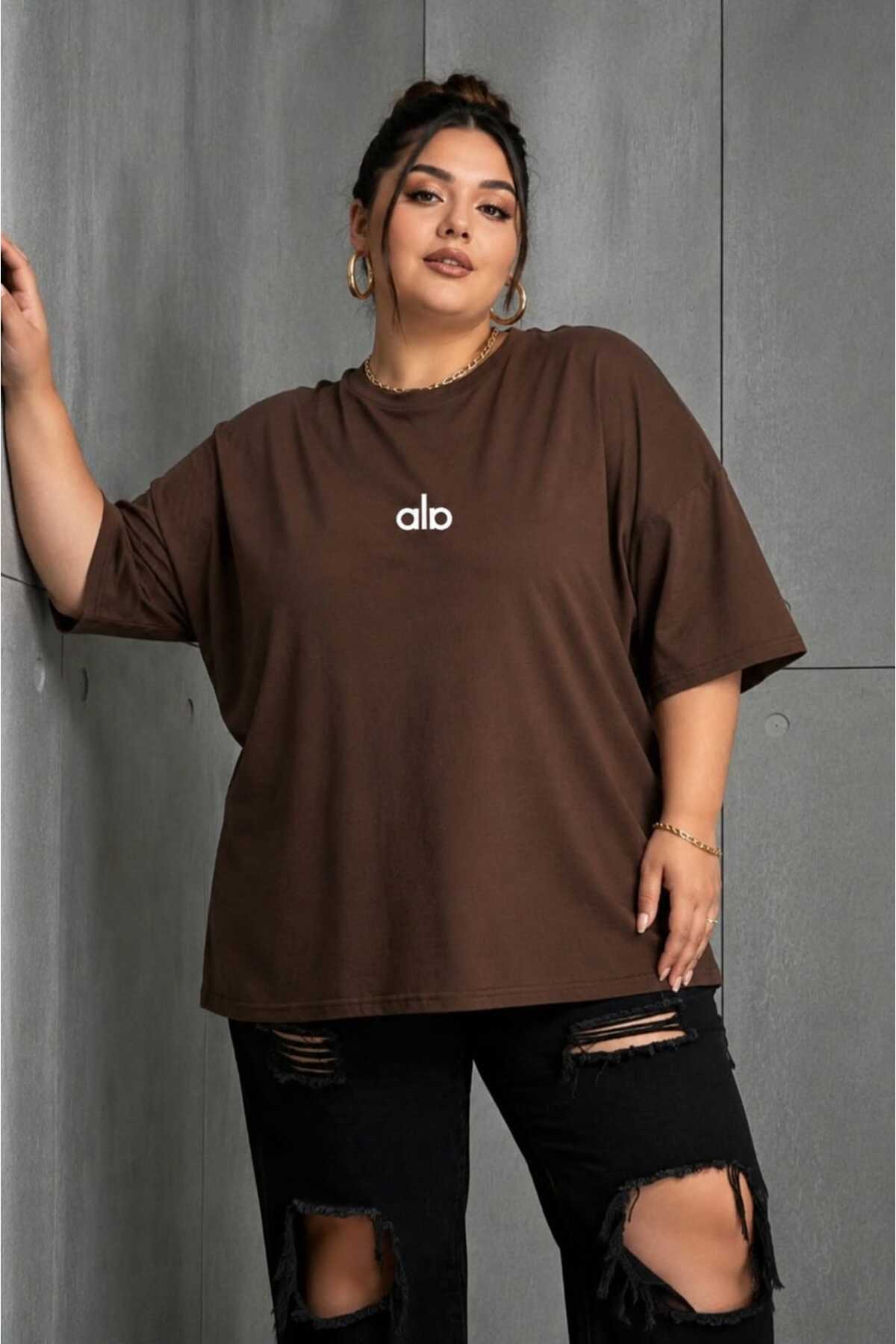Kadın Oversize Basic Minimal Logo Baskılı Tişört Bisiklet Yaka Salaş Günlük Pamuklu Tişört – Siyah, Beyaz, Kahverengi L XL 2XL 3XL 4XL 5XL 6XL 7XL 8XL 9XL