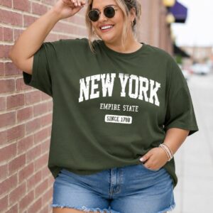 Kadın Oversize New York Baskılı Haki Tişört Bisiklet Yaka Salaş Basic Günlük Pamuklu Tişört