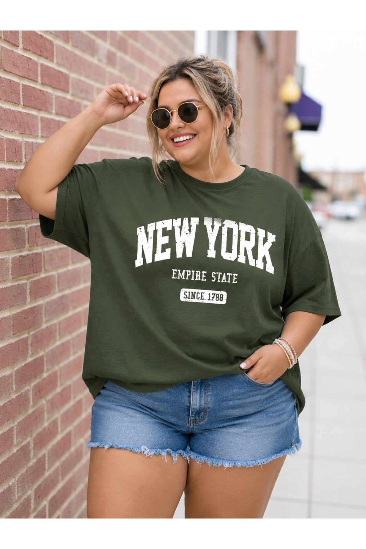 Kadın Oversize New York Baskılı Haki Tişört Bisiklet Yaka Salaş Basic Günlük Pamuklu Tişört