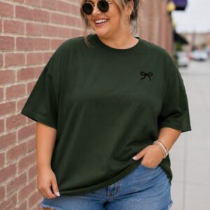 Kadın Oversize Basic Nakış Detaylı Haki Tişört Bisiklet Yaka Salaş Günlük Pamuklu Tişört