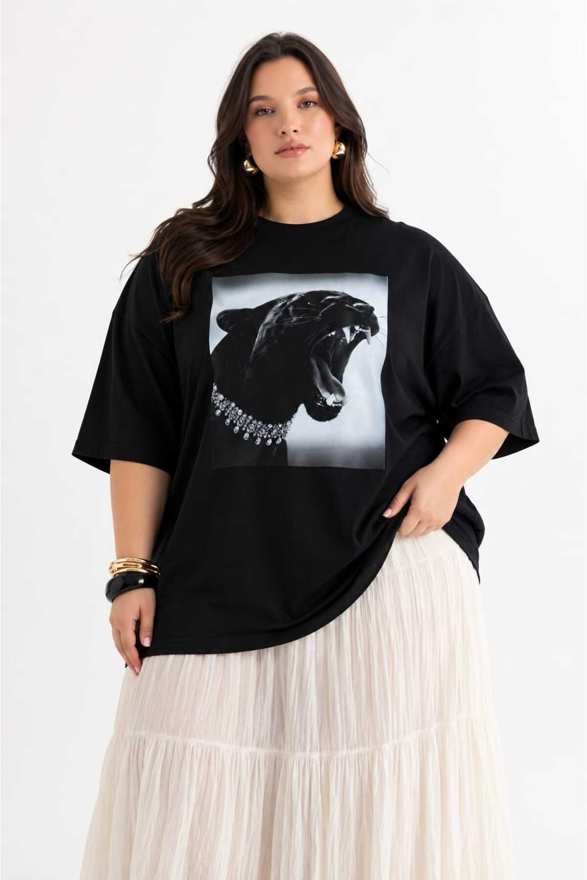 Kadın Büyük Beden Oversize Panter Baskılı Tişört Bisiklet Yaka Kısa Kollu Basic Günlük Tişört L XL 2XL 3XL 4XL 5XL 6XL 7XL 8XL 9XL