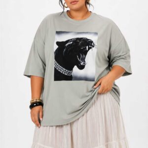 Kadın Büyük Beden Oversize Panter Baskılı Tişört Bisiklet Yaka Kısa Kollu Basic Günlük Tişört L XL 2XL 3XL 4XL 5XL 6XL 7XL 8XL 9XL