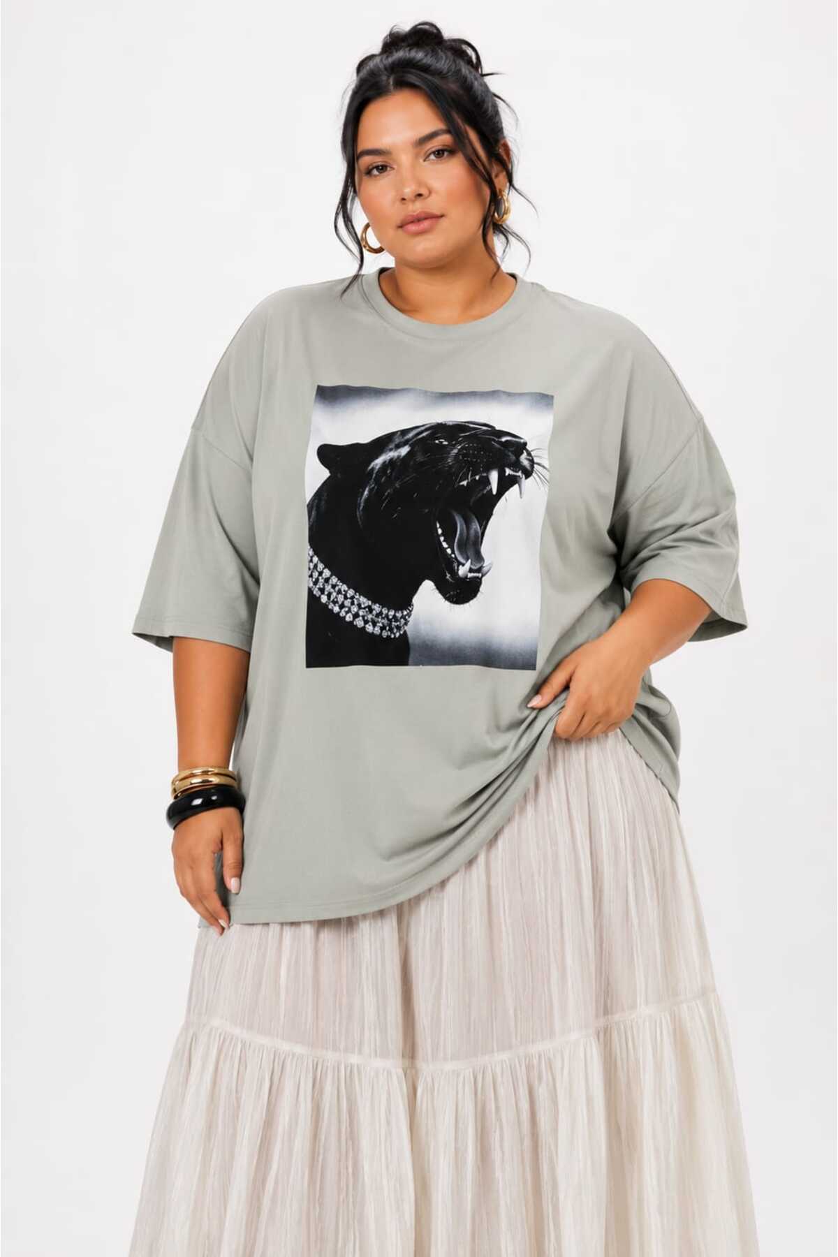 Kadın Büyük Beden Oversize Panter Baskılı Tişört Bisiklet Yaka Kısa Kollu Basic Günlük Tişört L XL 2XL 3XL 4XL 5XL 6XL 7XL 8XL 9XL