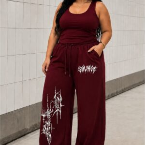 Büyük Beden Kadın Savage Baskılı Bol Paça Eşofman Altı Yüksek Bel Bağcıklı Rahat Günlük Pantolon Bordo - Lacivert-SIYAH