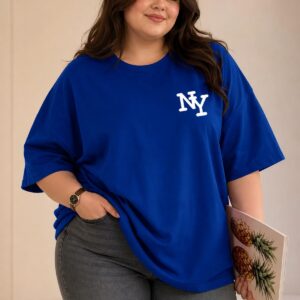 Büyük Beden Kadın Oversize NY Baskılı Basic Tişört Bisiklet Yaka Kısa Kollu Rahat Günlük Tişört Saks Mavi - Bej