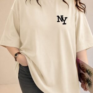Büyük Beden Kadın Oversize NY Baskılı Basic Tişört Bisiklet Yaka Kısa Kollu Rahat Günlük Tişört Saks Mavi - Bej