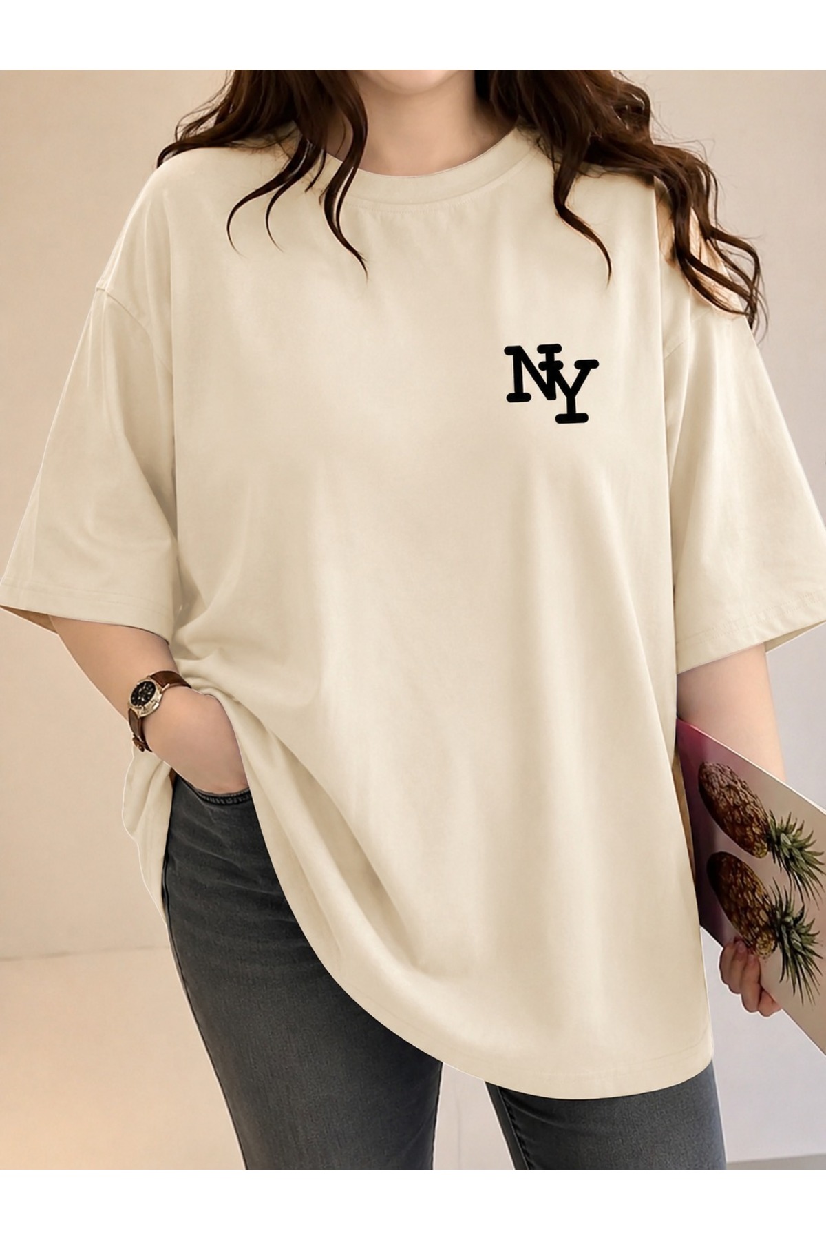Büyük Beden Kadın Oversize NY Baskılı Basic Tişört Bisiklet Yaka Kısa Kollu Rahat Günlük Tişört Saks Mavi - Bej