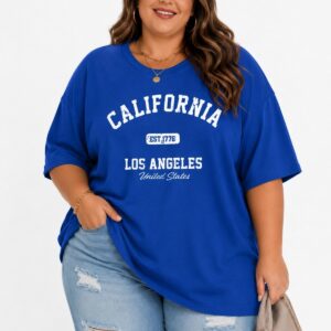Büyük Beden Kadın Oversize California Los Angeles Baskılı Basic Tişört Bisiklet Yaka Kısa Kollu Rahat Günlük Tişört Saks Mavi