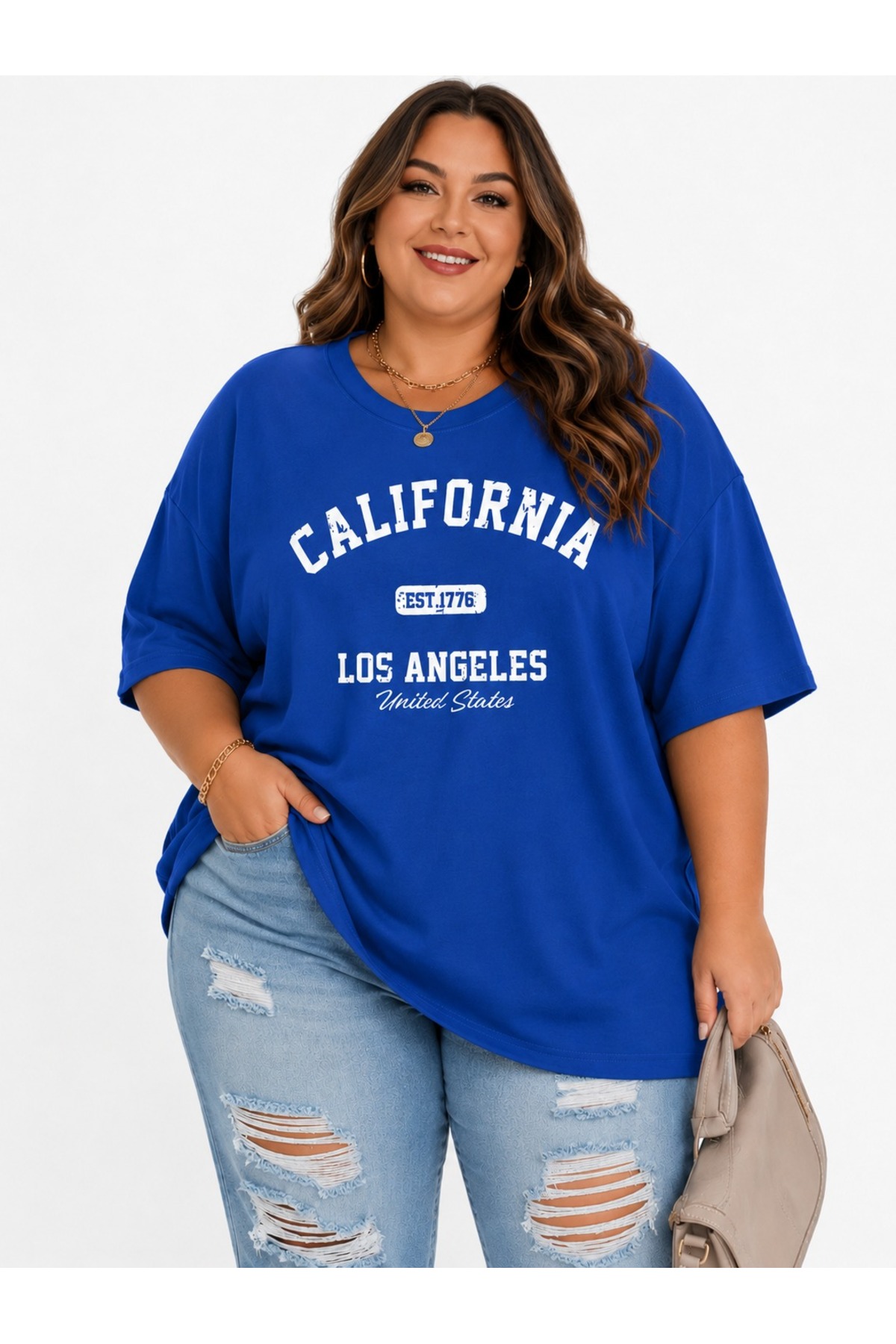 Büyük Beden Kadın Oversize California Los Angeles Baskılı Basic Tişört Bisiklet Yaka Kısa Kollu Rahat Günlük Tişört Saks Mavi