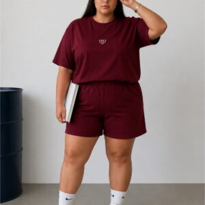 Büyük Beden Kadın Basic Oversize Şortlu İkili Takım Bisiklet Yaka Kısa Kollu Rahat Günlük Takım Bordo - Lacivert L XL 2XL 3XL 4XL 5XL 6XL 7XL 8XL 9XL