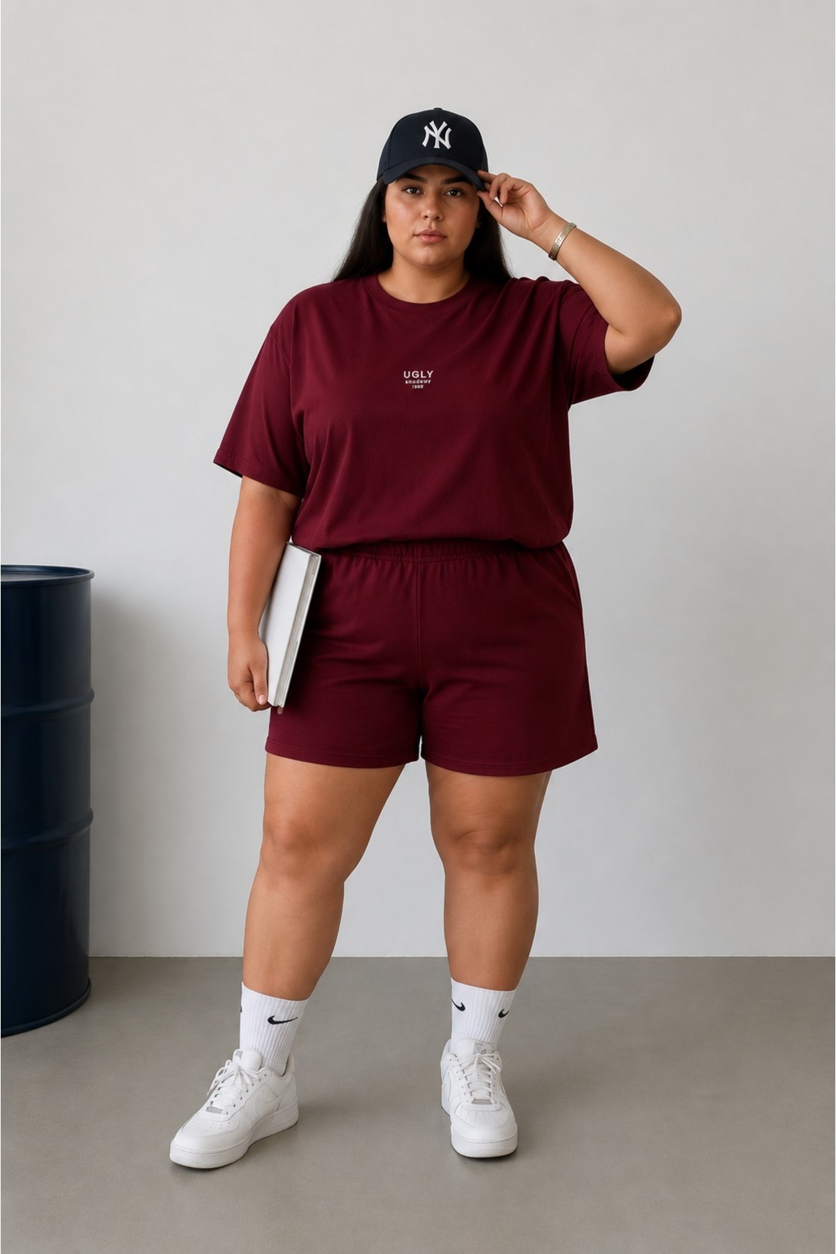 Büyük Beden Kadın Basic Oversize Şortlu İkili Takım Bisiklet Yaka Kısa Kollu Rahat Günlük Takım Bordo - Lacivert L XL 2XL 3XL 4XL 5XL 6XL 7XL 8XL 9XL