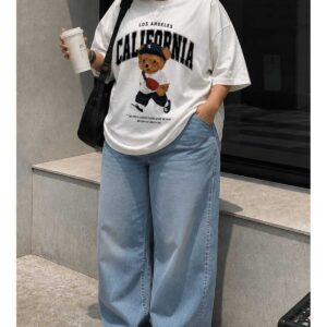 Kadın Oversize California Ayıcık Baskılı Basic Tişört Bisiklet Yaka Kısa Kollu Rahat Günlük Tişört Beyaz