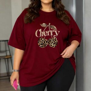 Büyük Beden Kadın Oversize Cherry Baskılı Basic Tişört Leopar Desenli Bisiklet Yaka Kısa Kollu Rahat Günlük Tişört Bordo