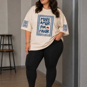 Büyük Beden Kadın Oversize More Amor Baskılı Basic Tişört Bisiklet Yaka Kısa Kollu Rahat Günlük Tişört Bej - Beyaz - Açık Mavi XL 2XL 3XL 4XL 5XL 6XL 7XL 8XL 9XL