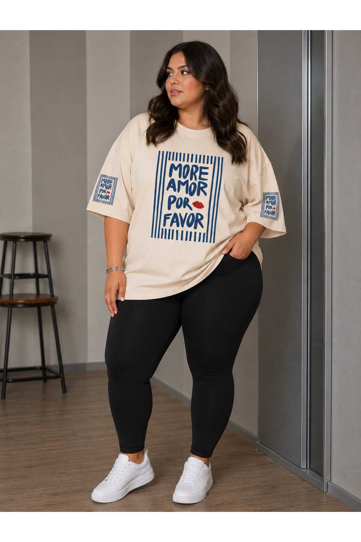 Büyük Beden Kadın Oversize More Amor Baskılı Basic Tişört Bisiklet Yaka Kısa Kollu Rahat Günlük Tişört Bej - Beyaz - Açık Mavi XL 2XL 3XL 4XL 5XL 6XL 7XL 8XL 9XL
