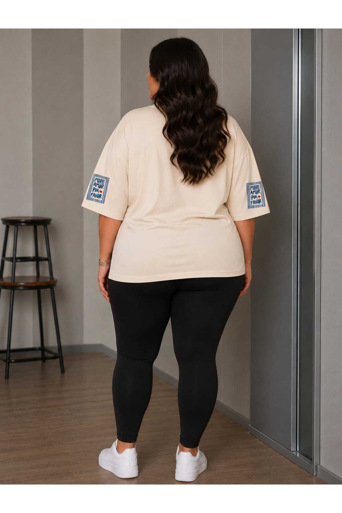 Büyük Beden Kadın Oversize More Amor Baskılı Basic Tişört Bisiklet Yaka Kısa Kollu Rahat Günlük Tişört Bej - Beyaz - Açık Mavi XL 2XL 3XL 4XL 5XL 6XL 7XL 8XL 9XL - الصورة 3