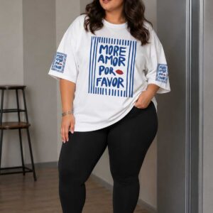 Büyük Beden Kadın Oversize More Amor Baskılı Basic Tişört Bisiklet Yaka Kısa Kollu Rahat Günlük Tişört Bej - Beyaz - Açık Mavi XL 2XL 3XL 4XL 5XL 6XL 7XL 8XL 9XL