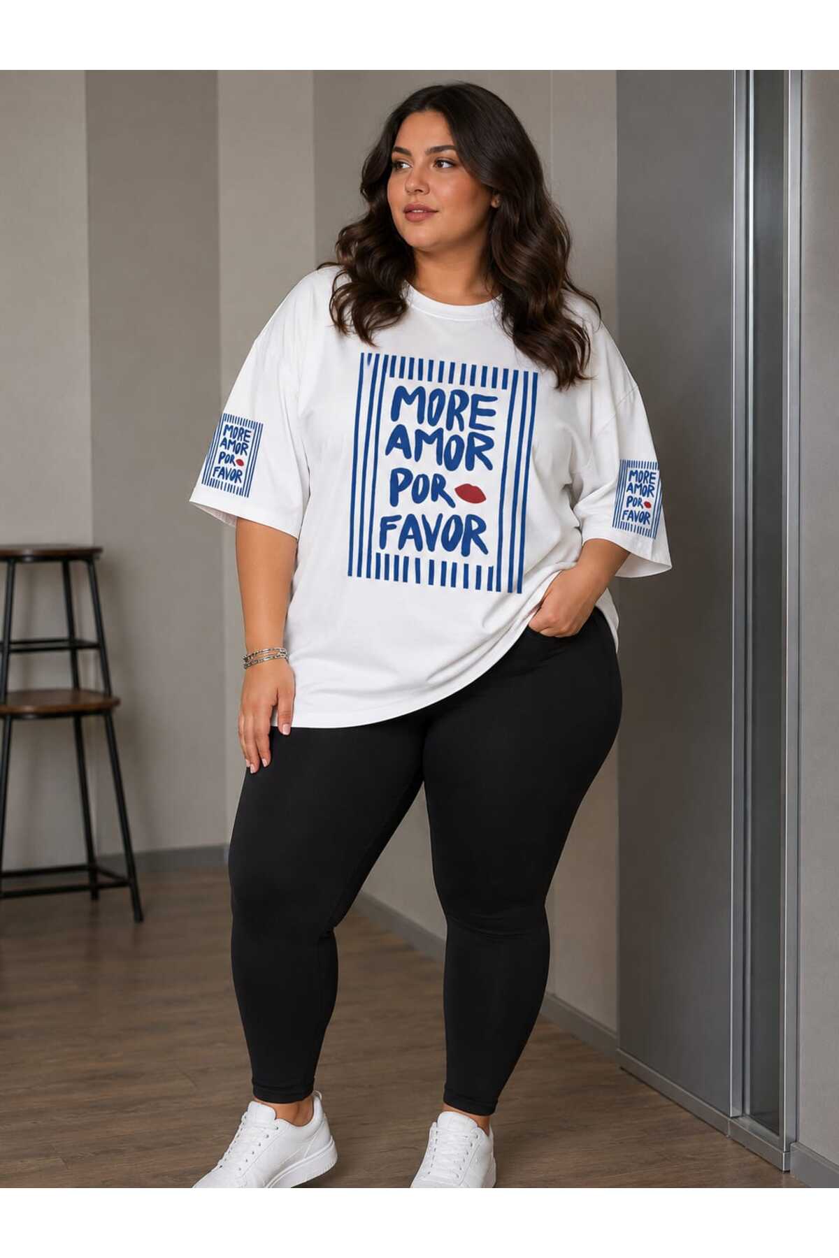 Büyük Beden Kadın Oversize More Amor Baskılı Basic Tişört Bisiklet Yaka Kısa Kollu Rahat Günlük Tişört Bej - Beyaz - Açık Mavi XL 2XL 3XL 4XL 5XL 6XL 7XL 8XL 9XL