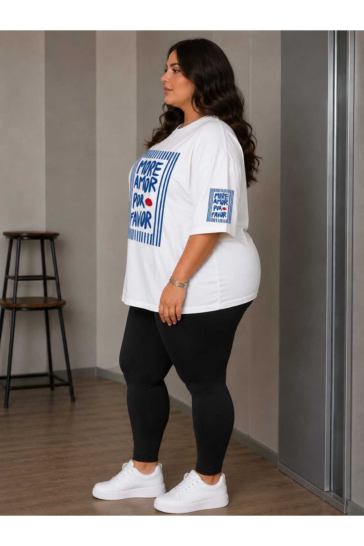 Büyük Beden Kadın Oversize More Amor Baskılı Basic Tişört Bisiklet Yaka Kısa Kollu Rahat Günlük Tişört Bej - Beyaz - Açık Mavi XL 2XL 3XL 4XL 5XL 6XL 7XL 8XL 9XL - الصورة 2