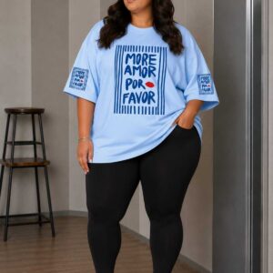 Büyük Beden Kadın Oversize More Amor Baskılı Basic Tişört Bisiklet Yaka Kısa Kollu Rahat Günlük Tişört Bej - Beyaz - Açık Mavi XL 2XL 3XL 4XL 5XL 6XL 7XL 8XL 9XL