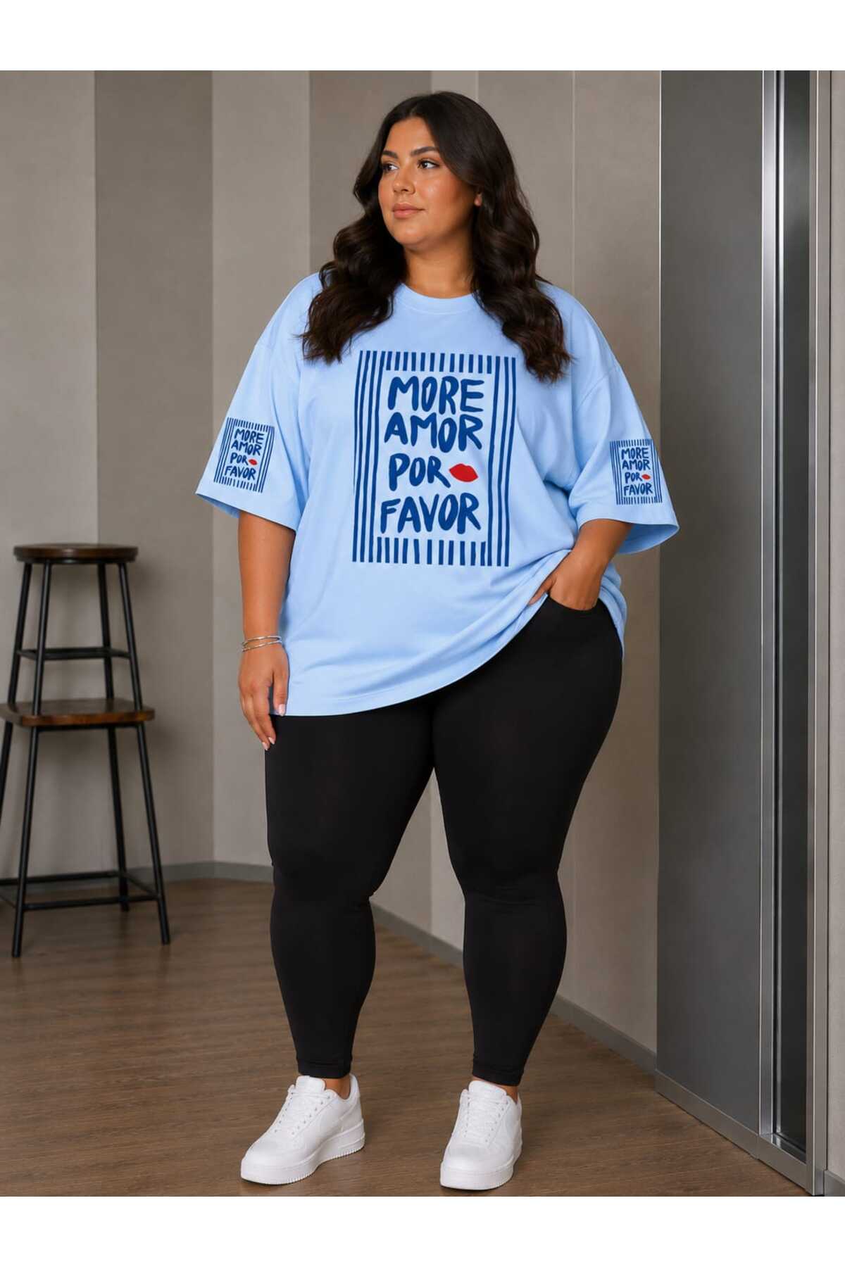 Büyük Beden Kadın Oversize More Amor Baskılı Basic Tişört Bisiklet Yaka Kısa Kollu Rahat Günlük Tişört Bej - Beyaz - Açık Mavi XL 2XL 3XL 4XL 5XL 6XL 7XL 8XL 9XL