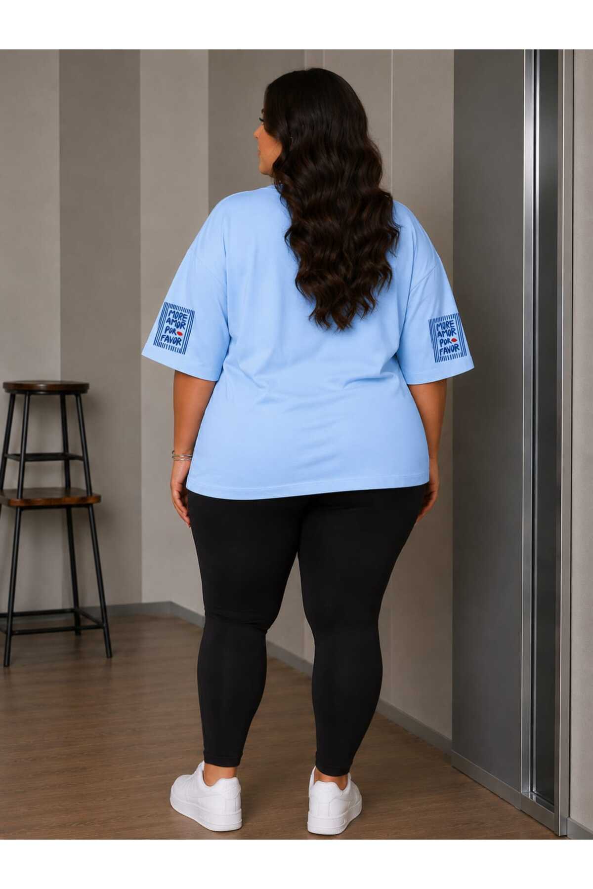 Büyük Beden Kadın Oversize More Amor Baskılı Basic Tişört Bisiklet Yaka Kısa Kollu Rahat Günlük Tişört Bej - Beyaz - Açık Mavi XL 2XL 3XL 4XL 5XL 6XL 7XL 8XL 9XL - الصورة 3