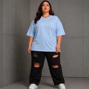 Büyük Beden Kadın Oversize Dağ Baskılı Basic Tişört Bisiklet Yaka Kısa Kollu Rahat Günlük Tişört Siyah - Açık Mavi L XL 2XL 3XL 4XL 5XL 6XL 7XL 8XL 9XL