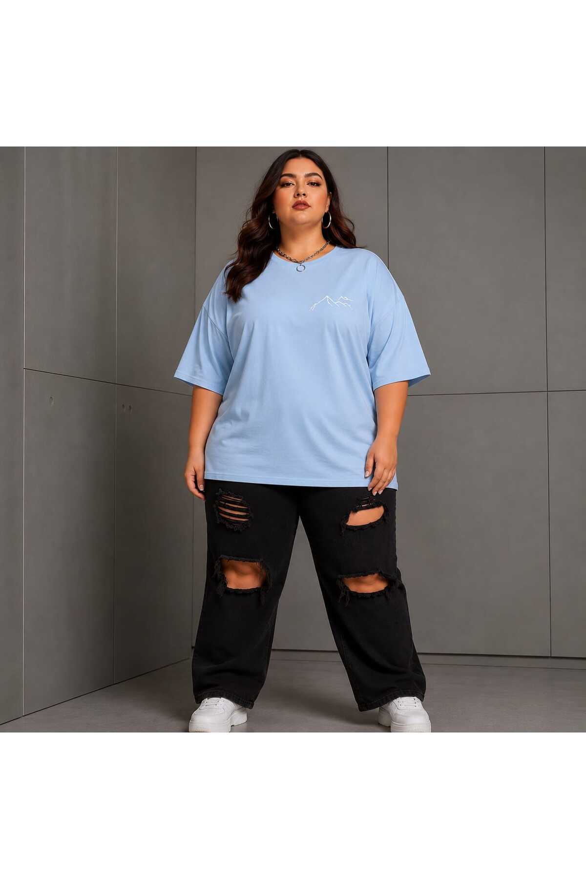 Büyük Beden Kadın Oversize Dağ Baskılı Basic Tişört Bisiklet Yaka Kısa Kollu Rahat Günlük Tişört Siyah - Açık Mavi L XL 2XL 3XL 4XL 5XL 6XL 7XL 8XL 9XL