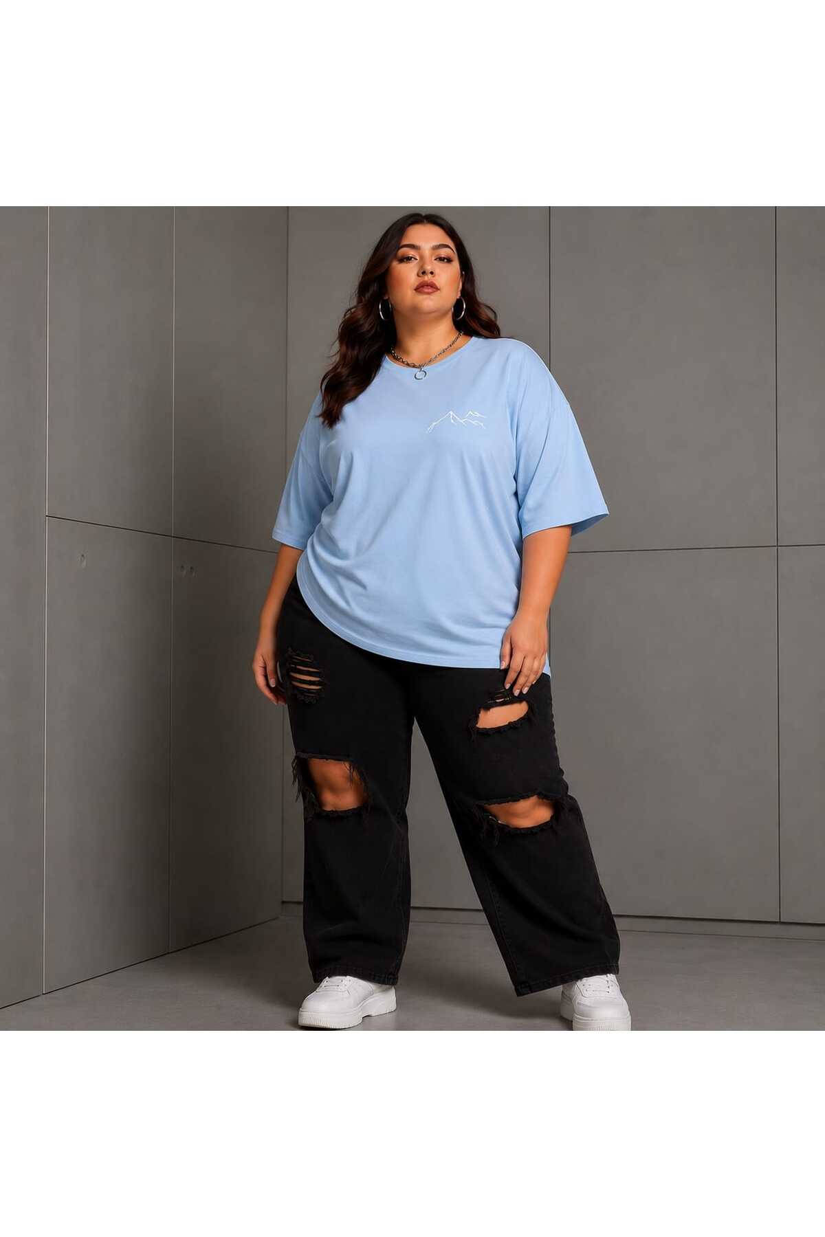 Büyük Beden Kadın Oversize Dağ Baskılı Basic Tişört Bisiklet Yaka Kısa Kollu Rahat Günlük Tişört Siyah - Açık Mavi L XL 2XL 3XL 4XL 5XL 6XL 7XL 8XL 9XL - الصورة 2
