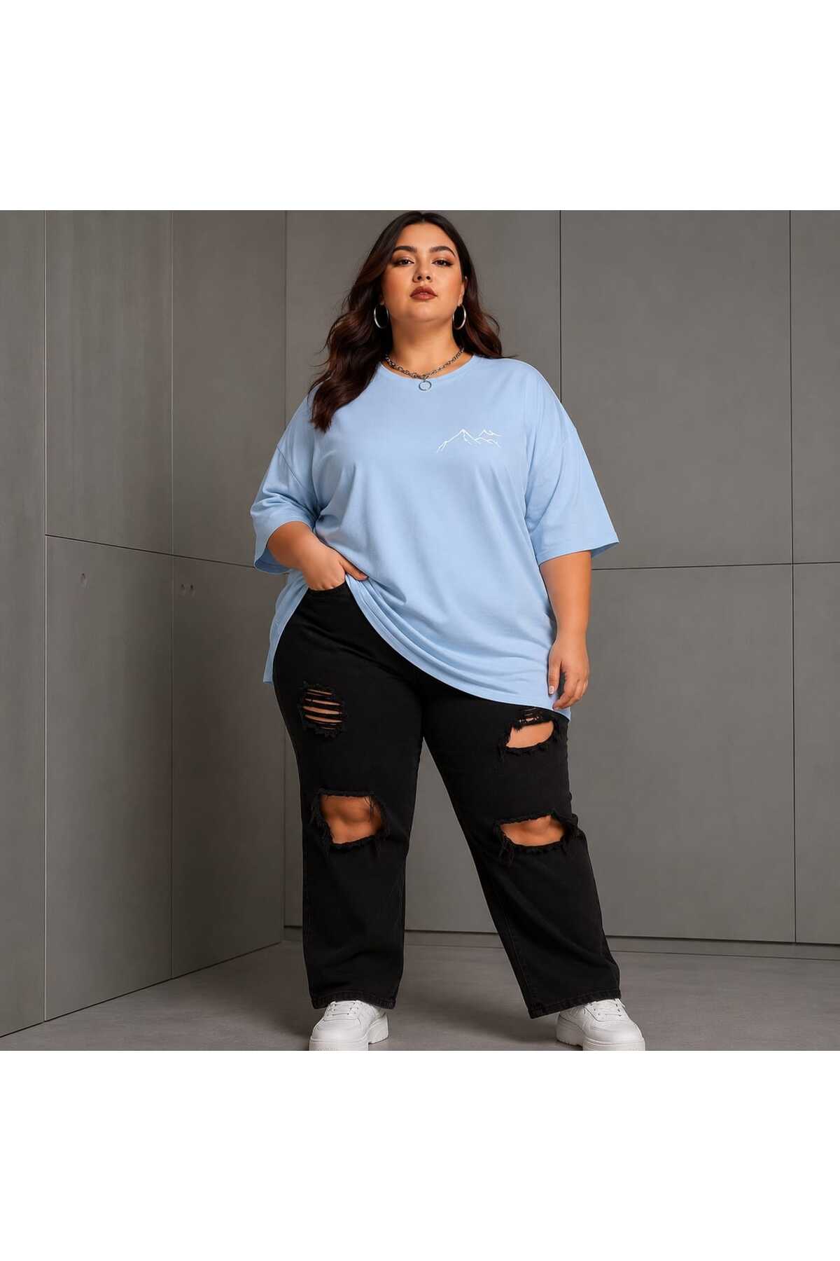 Büyük Beden Kadın Oversize Dağ Baskılı Basic Tişört Bisiklet Yaka Kısa Kollu Rahat Günlük Tişört Siyah - Açık Mavi L XL 2XL 3XL 4XL 5XL 6XL 7XL 8XL 9XL - الصورة 3